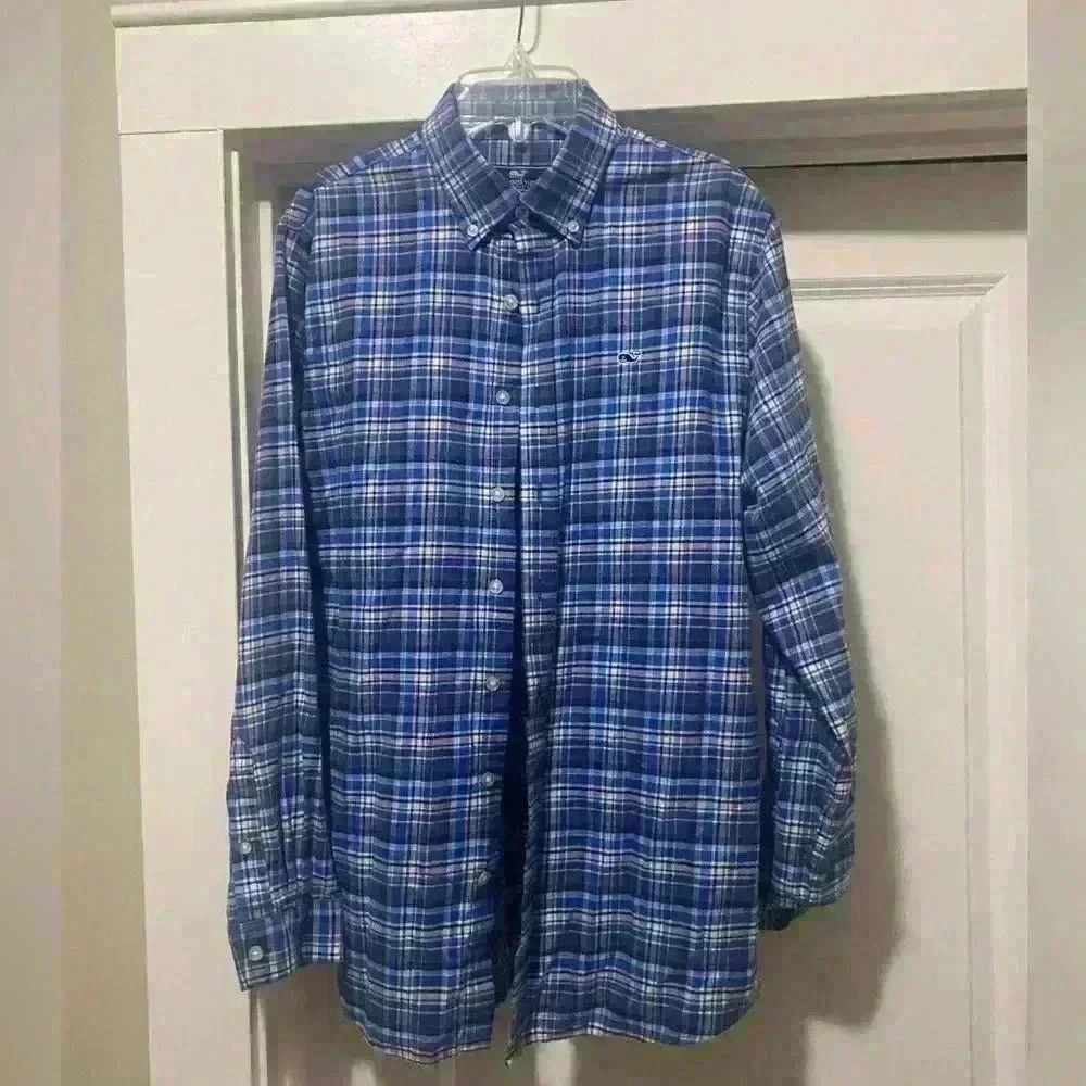 Vineyard Vines Blue Whales Plaid Cotton Flannel Button Down size XL